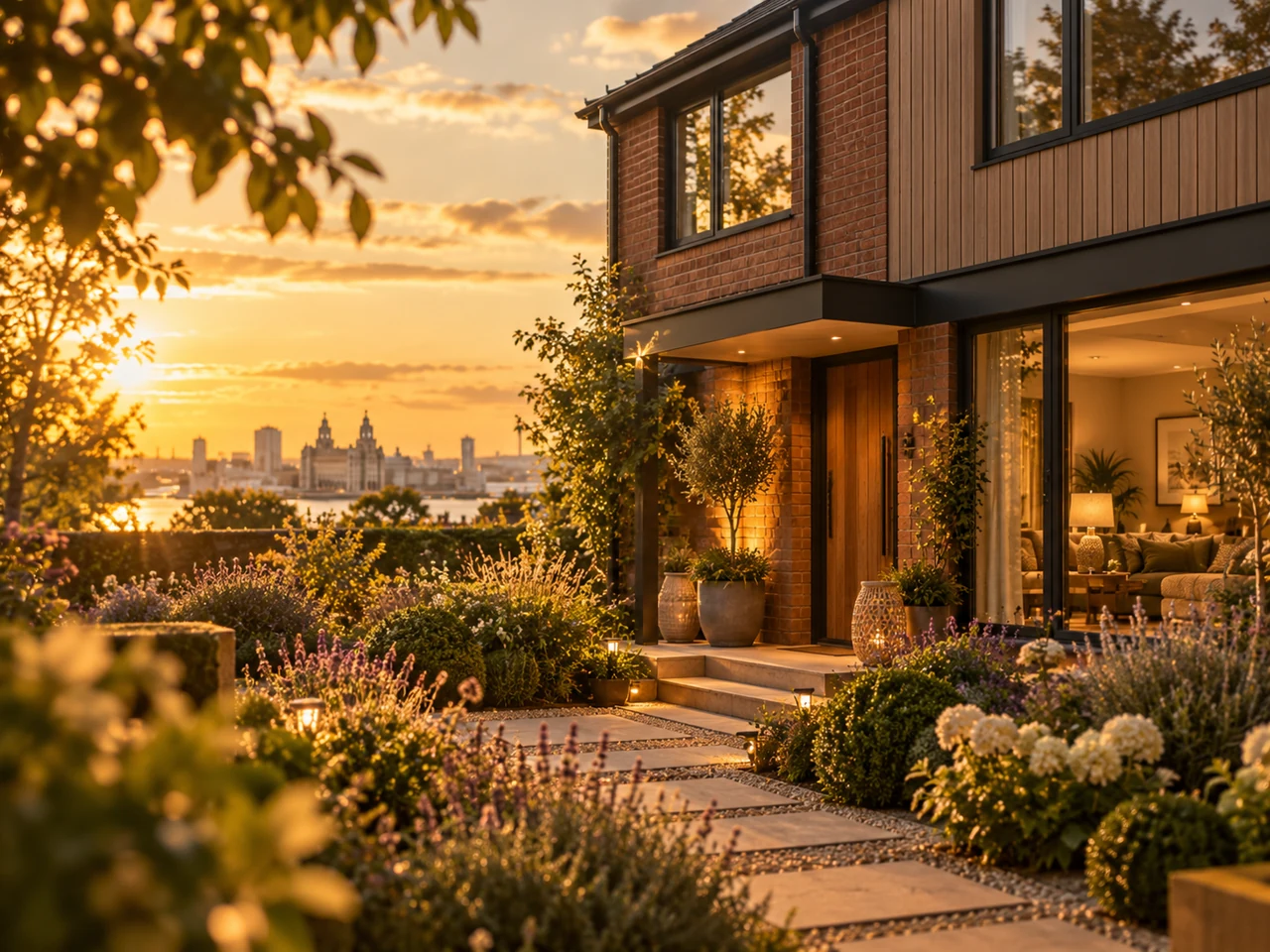 Welcoming residential home and garden in warm evening light